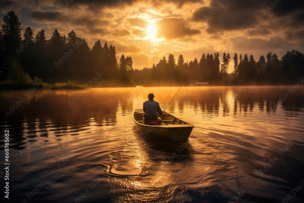 fisherman on a boat catching fish with a fishing rod against the backdrop of a beautiful lake landscape at sunset.