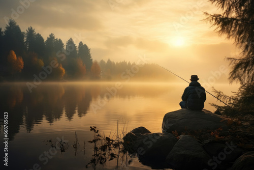 Foto fisherman catches fish with a fishing rod against the backdrop of a beautiful landscape of a lake and forest
