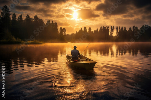 fisherman on a boat catching fish with a fishing rod against the backdrop of a beautiful lake landscape at sunset.