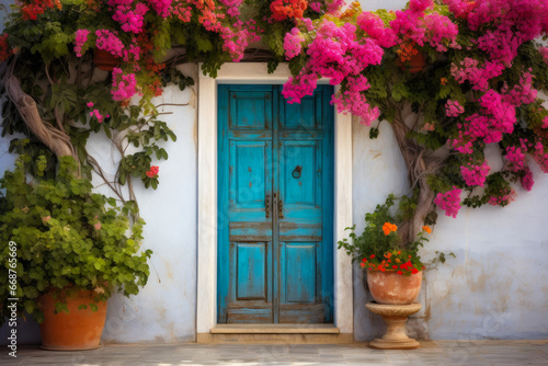 Charming Wooden Entrance Door Surrounded by Vibrant Flora © Andrii 