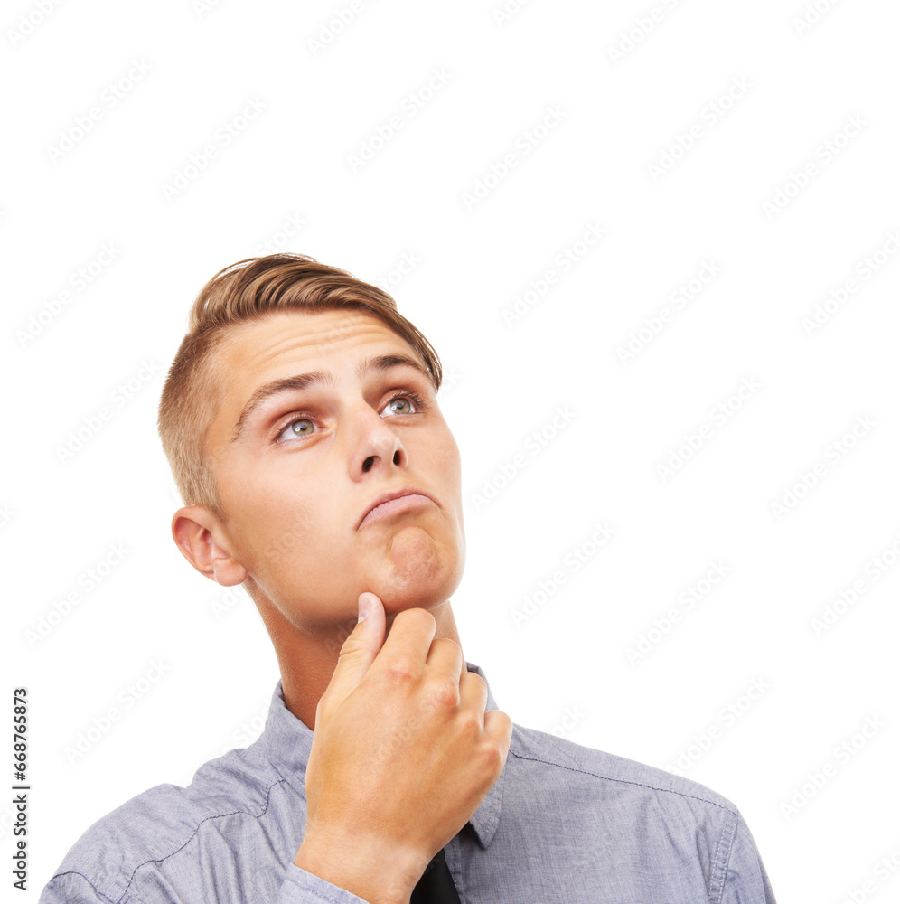 Question, doubt and thinking with man, problem solving and opportunity isolated on a white studio background. Person, guy or model with inspiration, brainstorming or choice with planning and decision