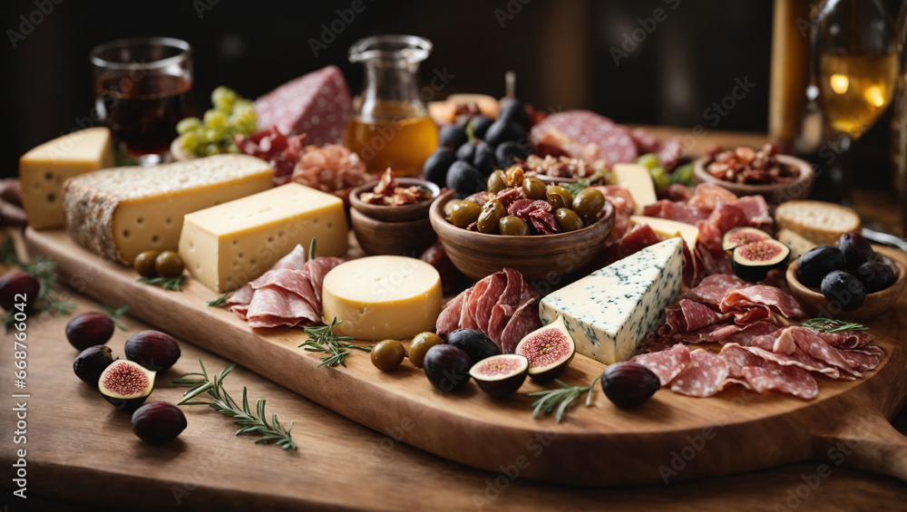 An elegant charcuterie board adorned with an array of artisanal cheeses, cured meats, olives, and figs.