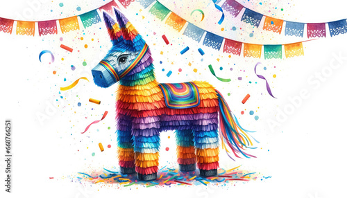 Foto Watercolor illustration of colorful funny donkey pinata against white background with papel picado and confetti