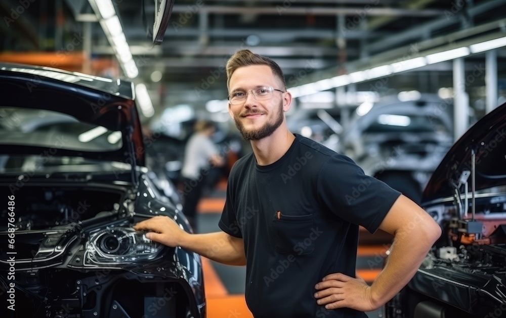 An assembly line smiling professional worker is assembling a car An assembly line smiling professional worker is assembling a car