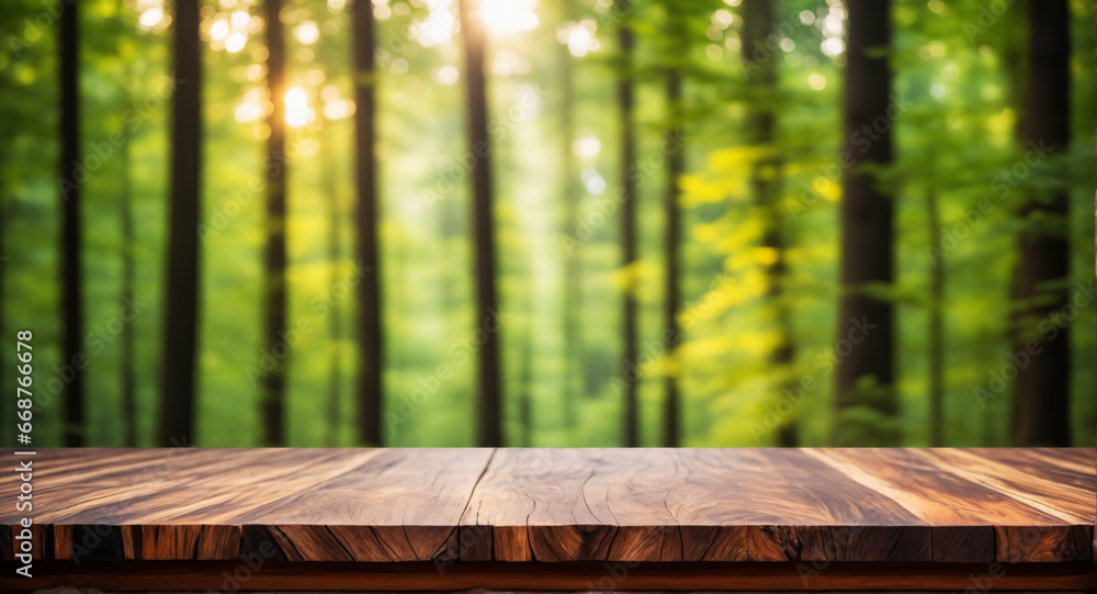 Nature view with wooden table for eco-friendly branding. Nature view with wooden table for eco-friendly branding.