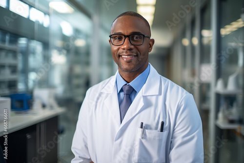 Head shot portrait smart confident smiling man standing at work. Professional business photo of smiling dark skinned male doctor in the operating room in hospital, health care, medicine, surgery. 