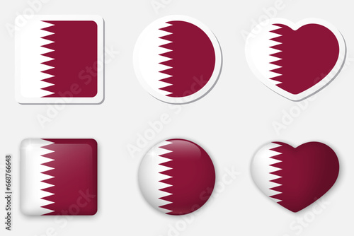 Flag of Qatar icons collection. Flat stickers and 3d realistic glass vector elements on white background with shadow underneath.