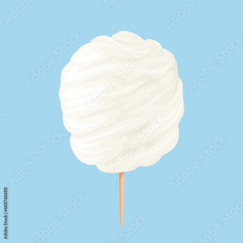 White cotton candy isolated on blue background. Vector cartoon illustration. Sweet food icon.