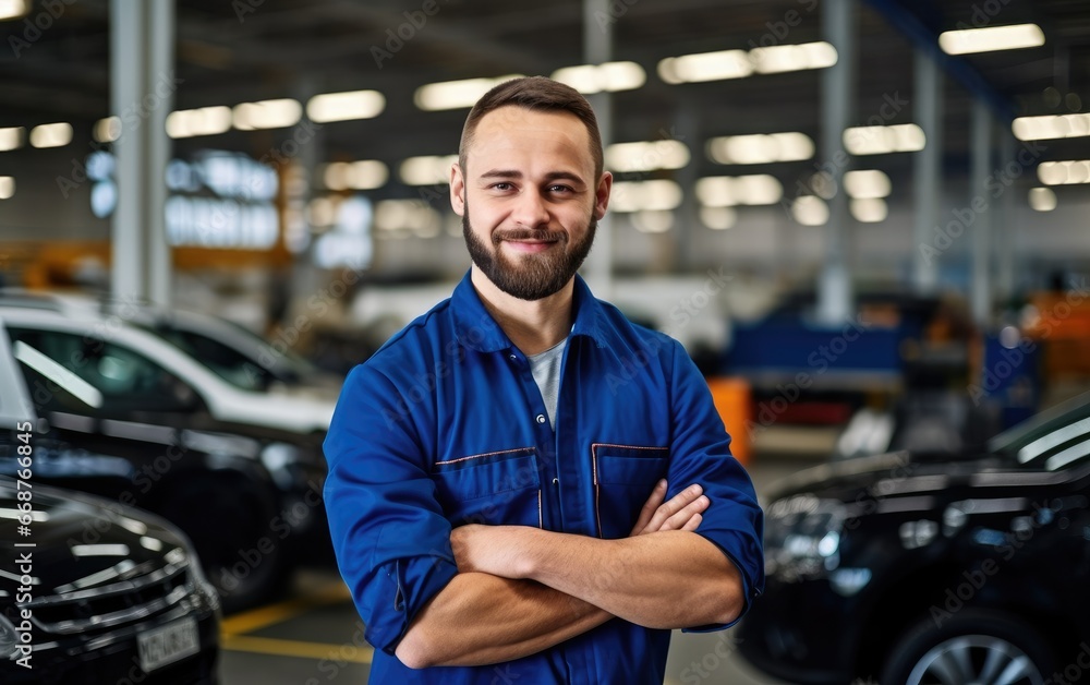 An assembly line smiling professional worker is assembling a car An assembly line smiling professional worker is assembling a car