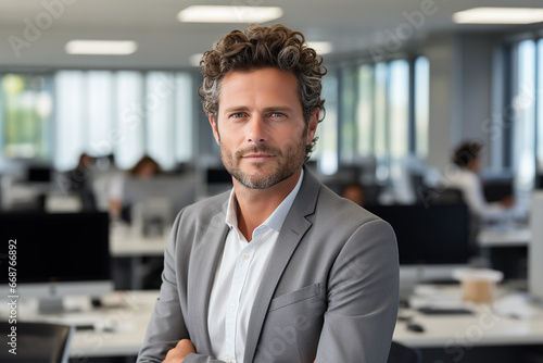Head shot portrait smart confident smiling man standing at work. Professional business photo of male employee in grey jacket in the office, finance, marketing, it, bank field of activity.  photo