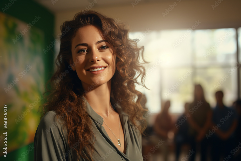Professional teacher woman head shot photo portrait, confident curly haired smiling female employee in the sunny school class, education, self development, care for children field of activity. Professional teacher woman head shot photo portrait, confident curly haired smiling female employee in the sunny school class, education, self development, care for children field of activity.