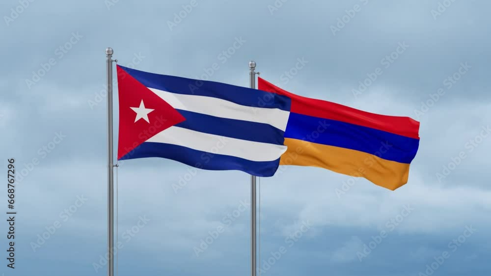 Armenia and Cuba flag waving together on cloudy sky, endless seamless loop, two country cooperation concept Armenia and Cuba flag waving together on cloudy sky, endless seamless loop, two country cooperation concept