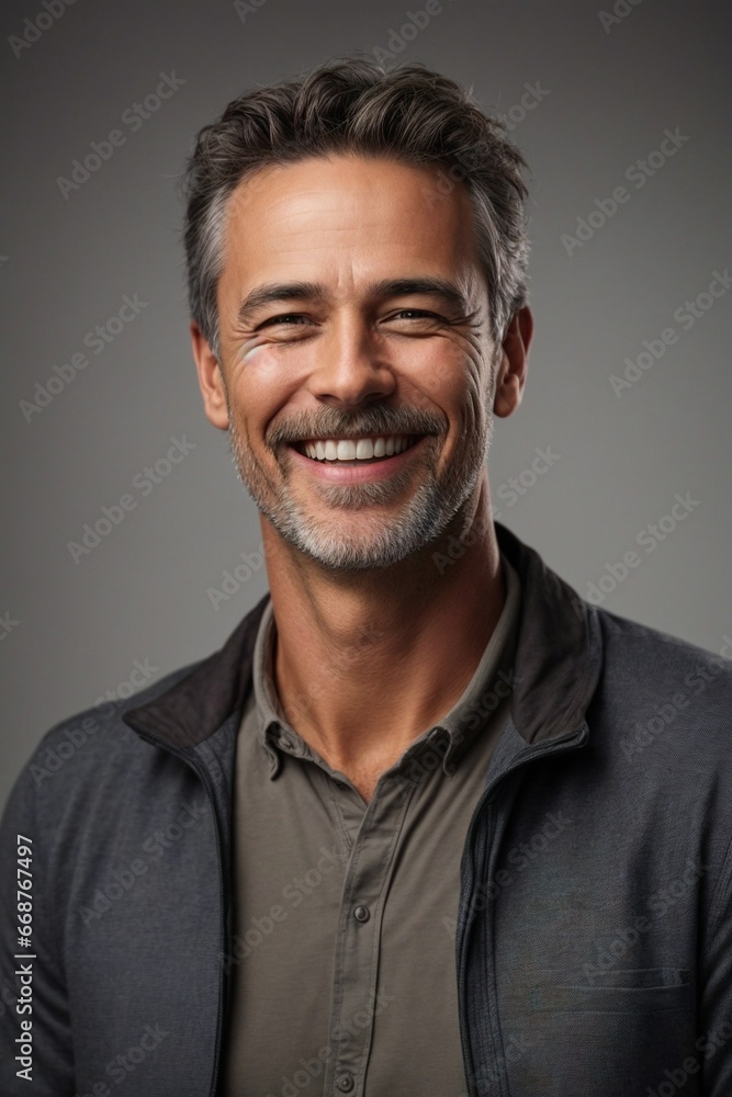 Obraz premium Laughing middle-aged man with stylish hairstyle, portrait