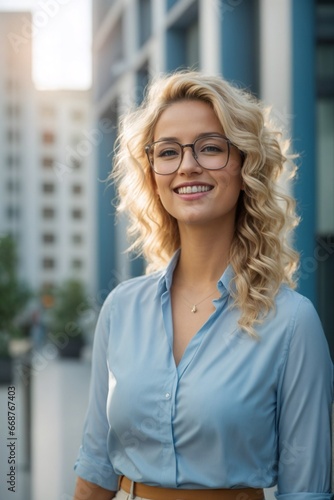 Cheerful Woman with Glasses and Curly Blonde Hair Smiling against Cityscape