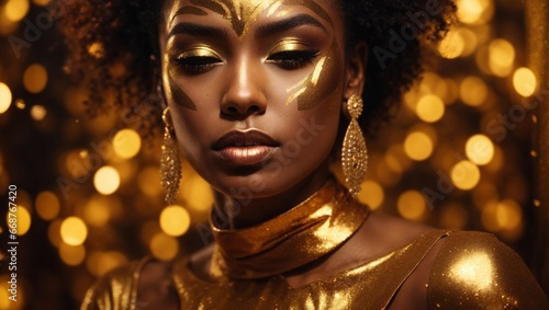 Close-up of a woman with gold paint on her face, portrait, Afrofuturism, luxurious gold jewelry, warm glow of lights, photo of an African-American woman, gold jewelry.