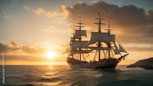 Enchanting Sea Sunset: Medieval Era Frigate