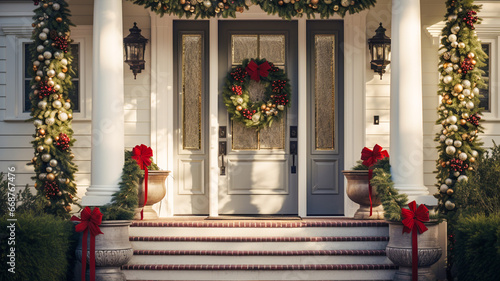 A house door and entrance in a Californian setting are adorned with festive Christmas decorations