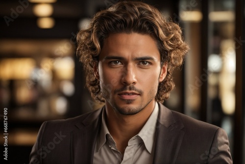 Young Successful Businessman with Beautiful Curly Hair in a Suit