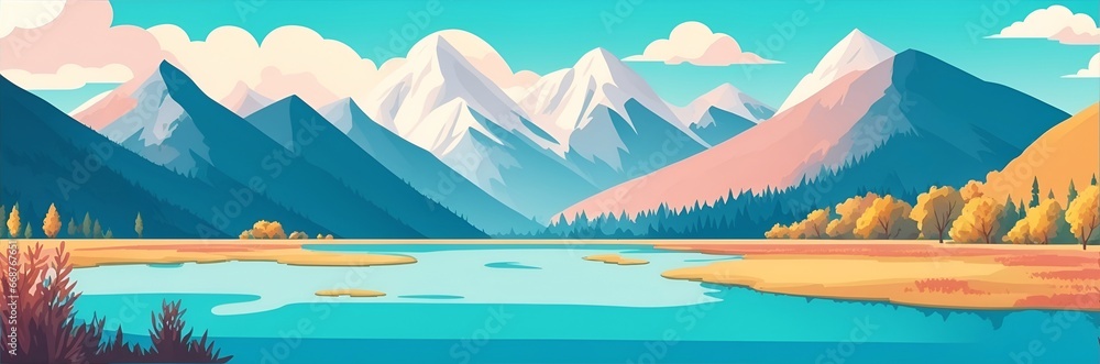 Beautiful highland lake landscape. Spring meadow. AI generated illustration