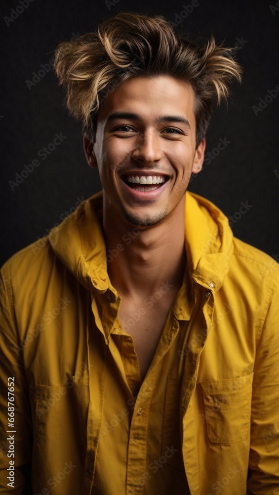 Obraz premium Young Man in Yellow Laughing with Mouth Open