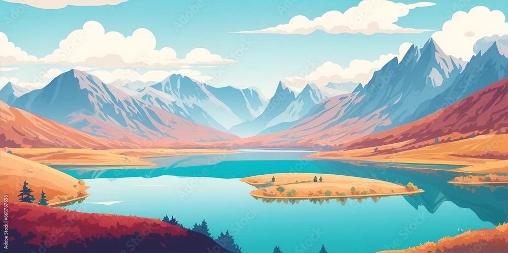 Beautiful highland lake landscape. Spring meadow. AI generated illustration