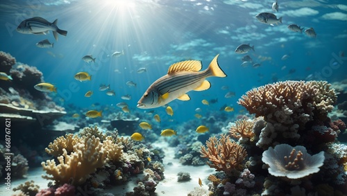 Sunlit Serenity: Coral Reef Fish in Underwater Scene with Transparent Waters © alexx_60