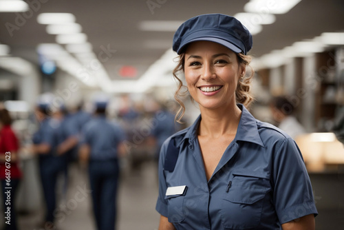 Young Female Postal Worker in Uniform Smiling Stands in front of a Post Office