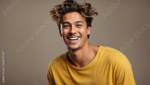 Young Man in Yellow Laughing with Mouth Open