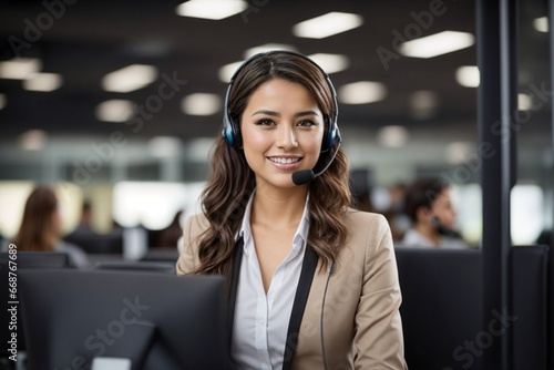 Joyful Call Center Operator - Young Beautiful Woman in Headphones