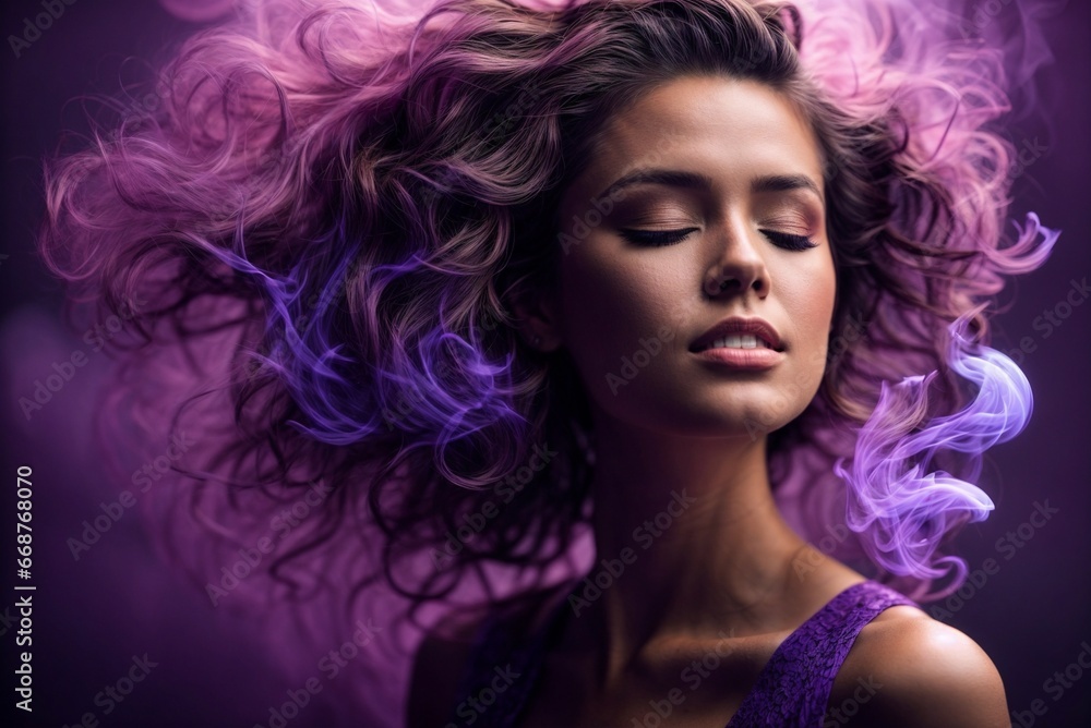 Beauty in the Mist: Young Woman with Flowing Hair in a Stylish Advertising Shot