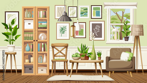 Living room interior with a bookcase, an armchair, a table, houseplants, and paintings on the wall. Cozy living room interior design. Cartoon vector illustration