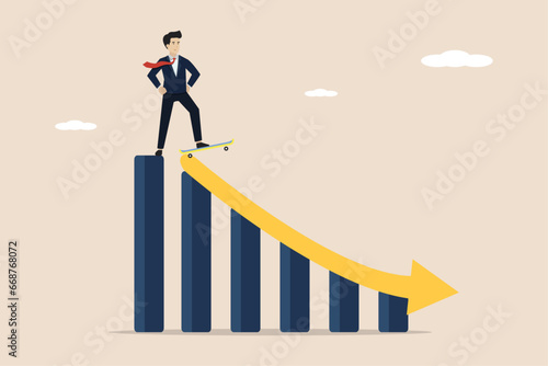 Economic crash, financial crisis causes stock and crypto markets to fall down concept, thoughtful businessman with skate board preparing to go down the financial graph.