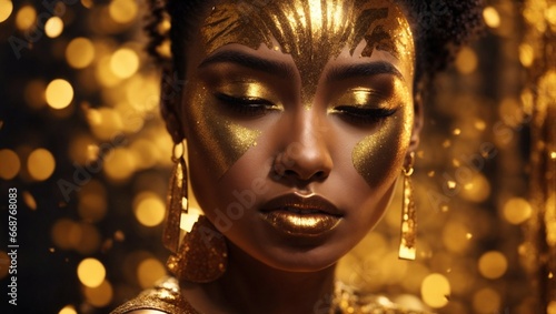 Portrait of an African-American woman with gold paint on her face, Afrofuturism, luxurious gold jewelry, warm glow of lights, photo with gold jewelry. © alexx_60