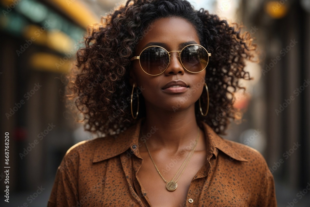 African-American model in sunglasses: Advertising portrait with an attractive stylish girl against the background of the city