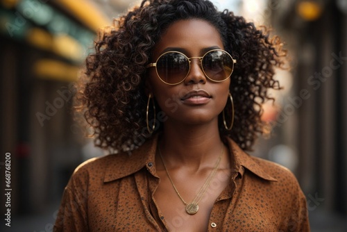 African-American model in sunglasses: Advertising portrait with an attractive stylish girl against the background of the city