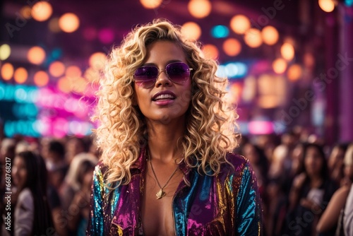 Stylish Woman in Bright Jacket: Night Disco with Light Effects