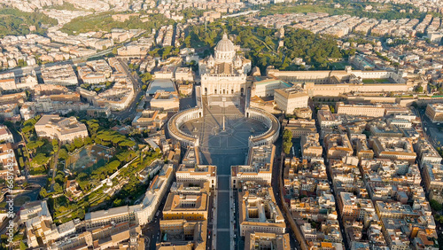 Rome, Italy. View of the Vatican. Basilica di San Pietro, Piazza San Pietro. Flight over the city. Morning hours, Aerial View