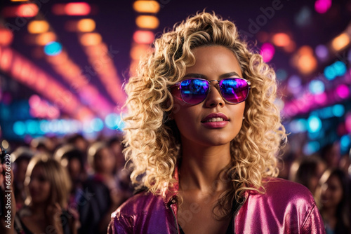 Young Beauty in Sunglasses: Light and Music Party at the Nightclub