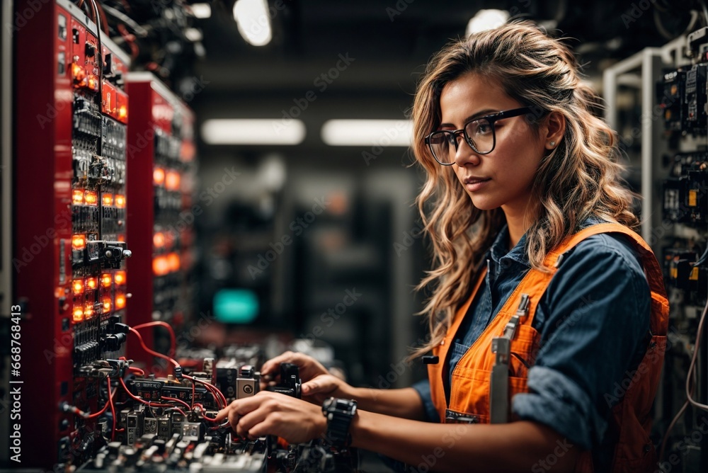 An electrician woman in uniform and glasses inspects electrical equipment