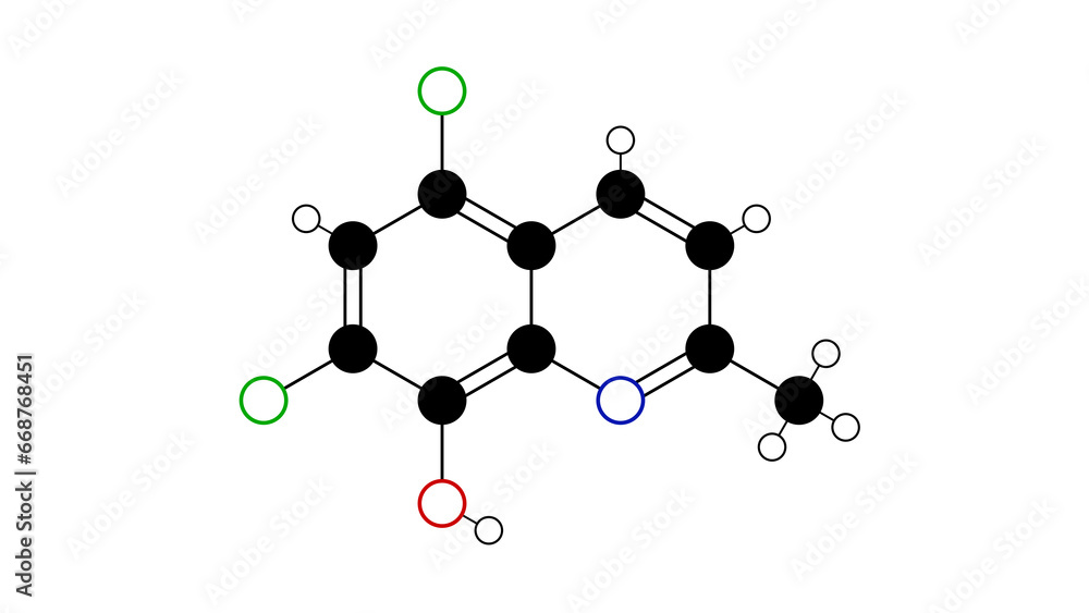 chlorquinaldol molecule, structural chemical formula, ball-and-stick model, isolated image antimicrobial chlorquinaldol molecule, structural chemical formula, ball-and-stick model, isolated image antimicrobial