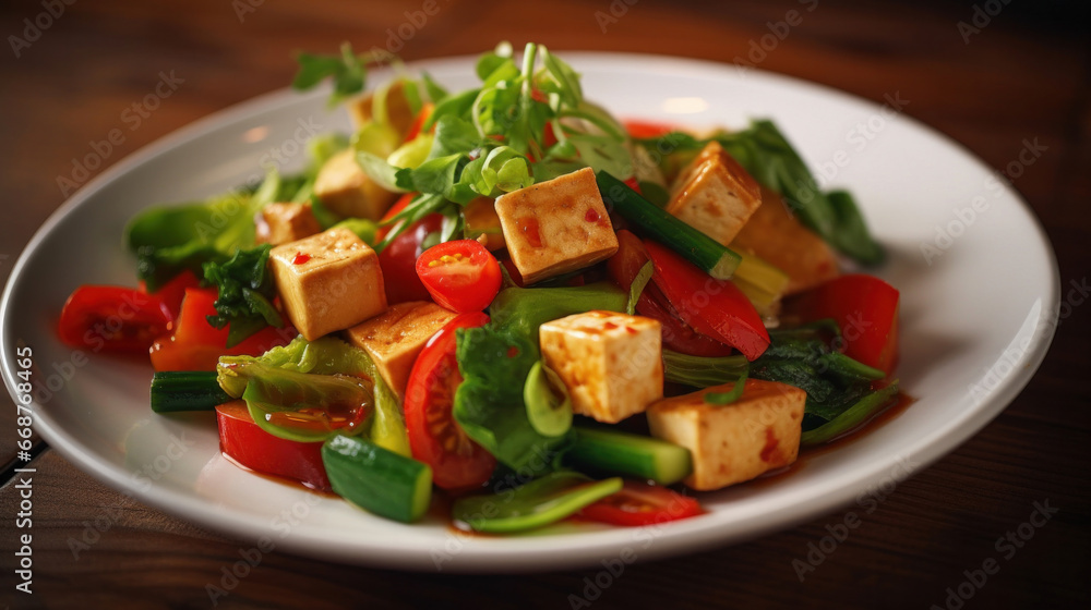 A vegan tofu salad with vegetables on white plate. A vegan tofu salad with vegetables on white plate.