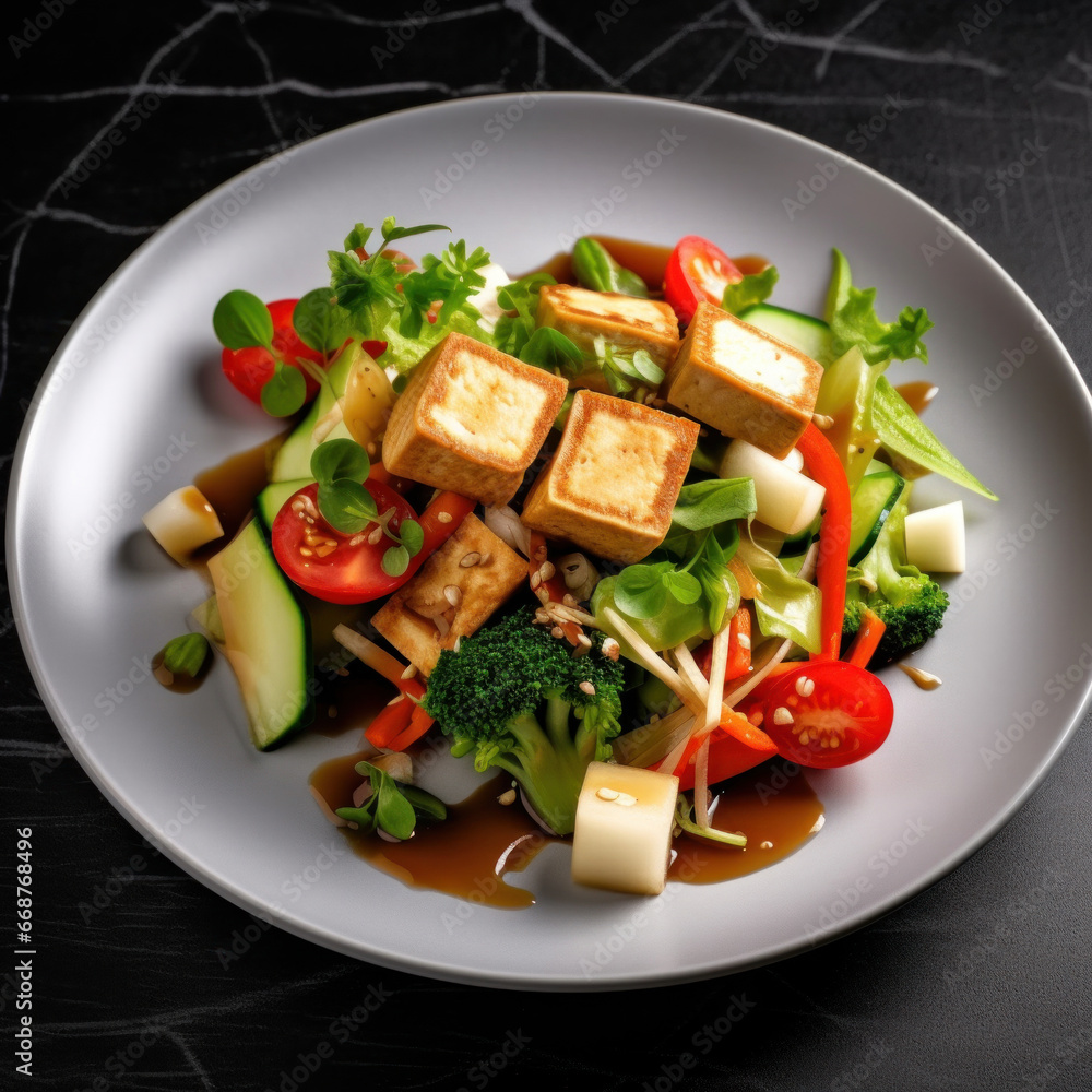 A vegan tofu salad with vegetables on white plate. A vegan tofu salad with vegetables on white plate.