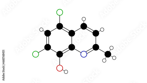 chlorquinaldol molecule, structural chemical formula, ball-and-stick model, isolated image antimicrobial