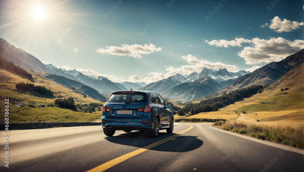 Car on a Mountain Road on a Sunny Day