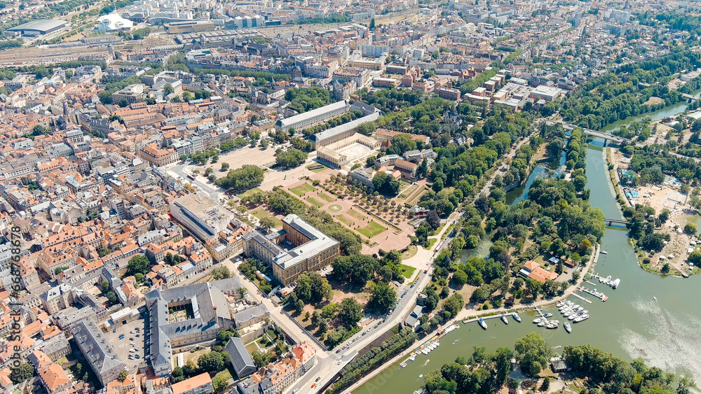 Metz, France. Esplanade Garden. View of the historical city center. Summer, Sunny day, Aerial View