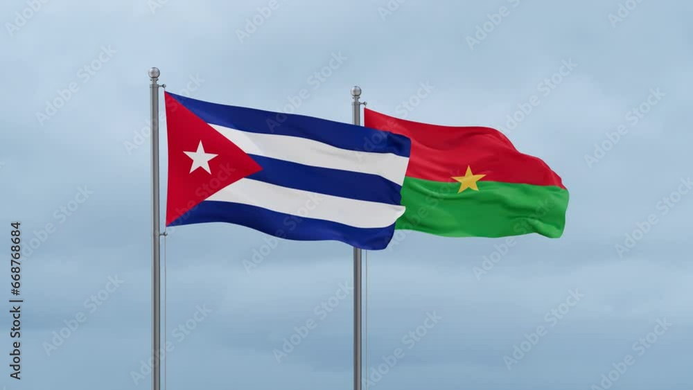 Burkina Faso flag and Cuba flag waving together on cloudy sky, endless seamless loop, two country relations concept Burkina Faso flag and Cuba flag waving together on cloudy sky, endless seamless loop, two country relations concept