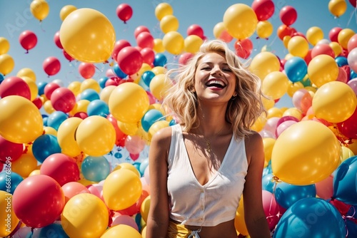 Happy young woman at a celebration with balloons on a sunny summer day