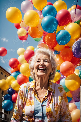 Happy Elderly Woman at Celebration with Balloons on a Sunny Day