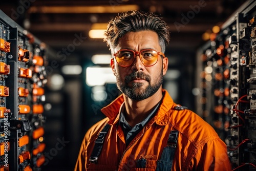 Electrician in Uniform Checking Electrical Installations Near Electrical Control Panel
