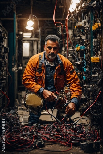 Electrician in Uniform Checking Electrical Installations Near Electrical Control Panel